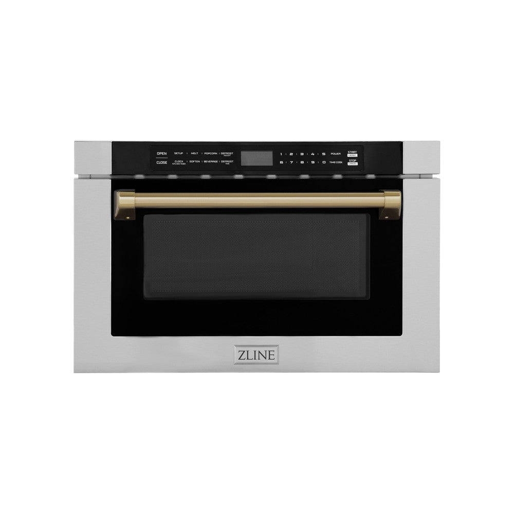 ZLINE Autograph Edition 24 in. 1.2 cu. ft. Built-in Microwave Drawer with a Traditional Handle in Stainless Steel and Champagne Bronze Accents (MWDZ-1-H-CB) front, closed.