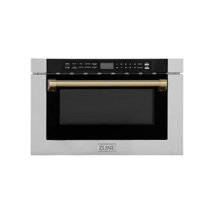 ZLINE Autograph Edition 24 in. 1.2 cu. ft. Built-in Microwave Drawer with a Traditional Handle in Stainless Steel and Champagne Bronze Accents (MWDZ-1-H-CB) front, closed.