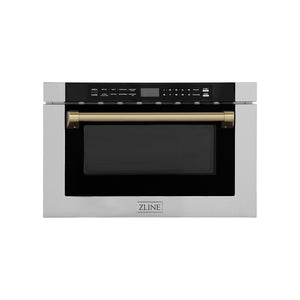 ZLINE Autograph Edition 24 in. 1.2 cu. ft. Built-in Microwave Drawer with a Traditional Handle in Stainless Steel and Champagne Bronze Accents (MWDZ-1-H-CB) front.