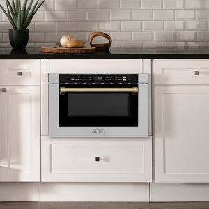 ZLINE Autograph Edition 24 in. 1.2 cu. ft. Built-in Microwave Drawer with a Traditional Handle in Stainless Steel and Champagne Bronze Accents (MWDZ-1-H-CB) in a modern farmhouse kitchen with white cabinets and gray backsplash.