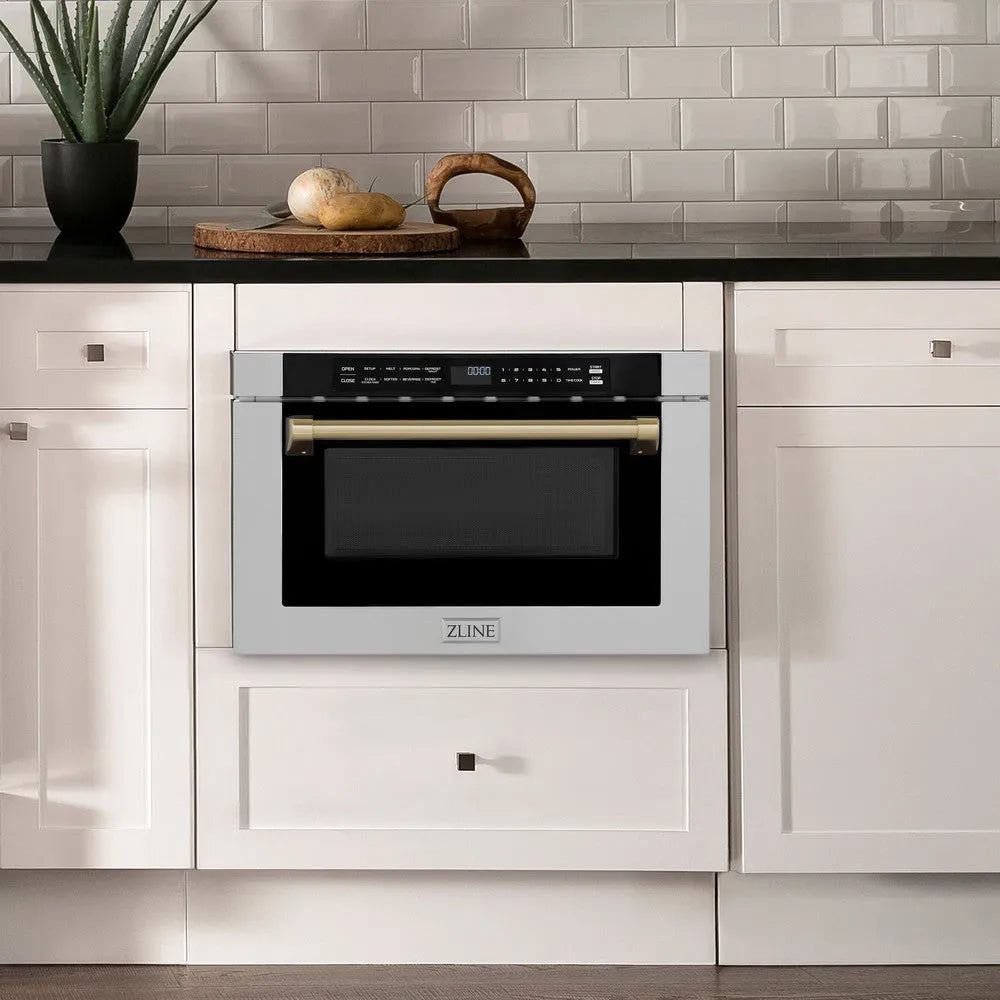 ZLINE Autograph Edition 24 in. 1.2 cu. ft. Built-in Microwave Drawer with a Traditional Handle in Stainless Steel and Champagne Bronze Accents (MWDZ-1-H-CB) in a luxury kitchen.