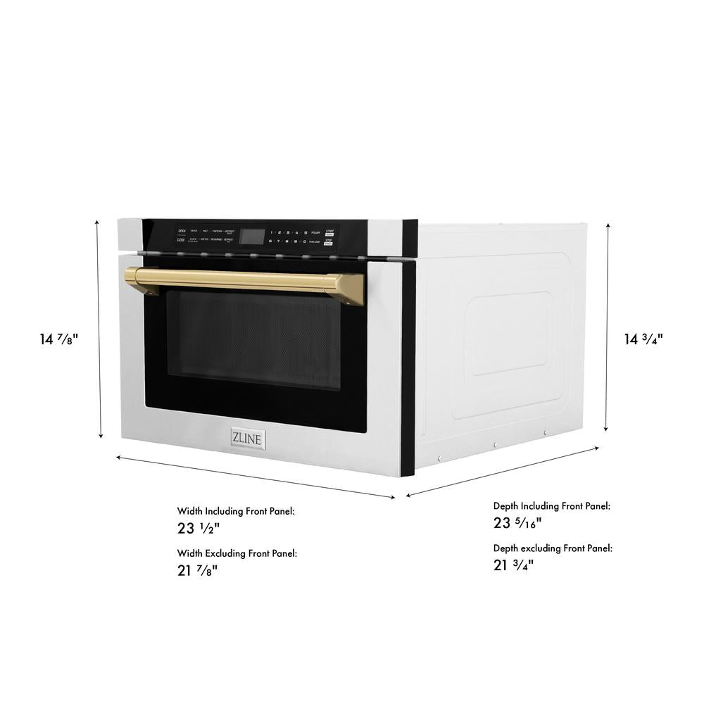 ZLINE Autograph Edition 24 in. 1.2 cu. ft. Built-in Microwave Drawer with a Traditional Handle in Stainless Steel and Polished Gold Accents (MWDZ-1-H-G) dimensional diagram