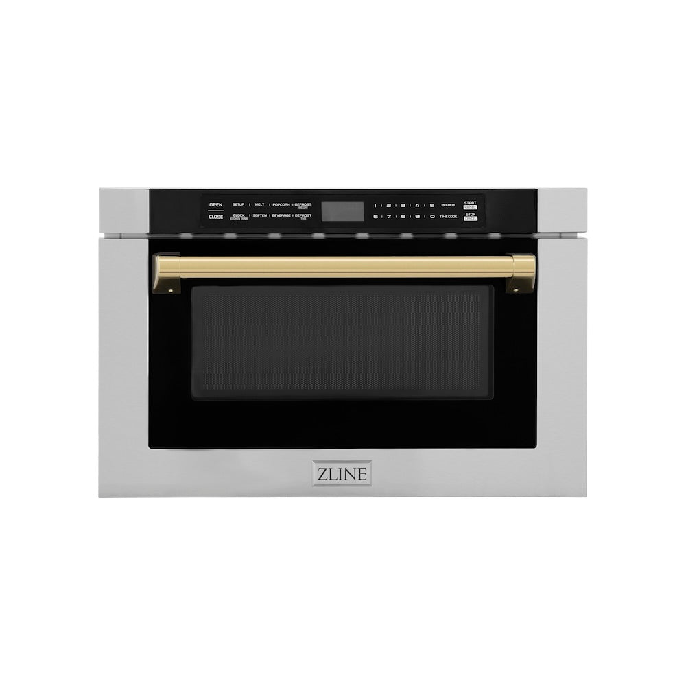 ZLINE Autograph Edition 24 in. 1.2 cu. ft. Built-in Microwave Drawer with a Traditional Handle in Stainless Steel and Polished Gold Accents (MWDZ-1-H-G) front, closed.
