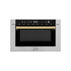 ZLINE Autograph Edition 24 in. 1.2 cu. ft. Built-in Microwave Drawer with a Traditional Handle in Stainless Steel and Polished Gold Accents (MWDZ-1-H-G) front, closed.