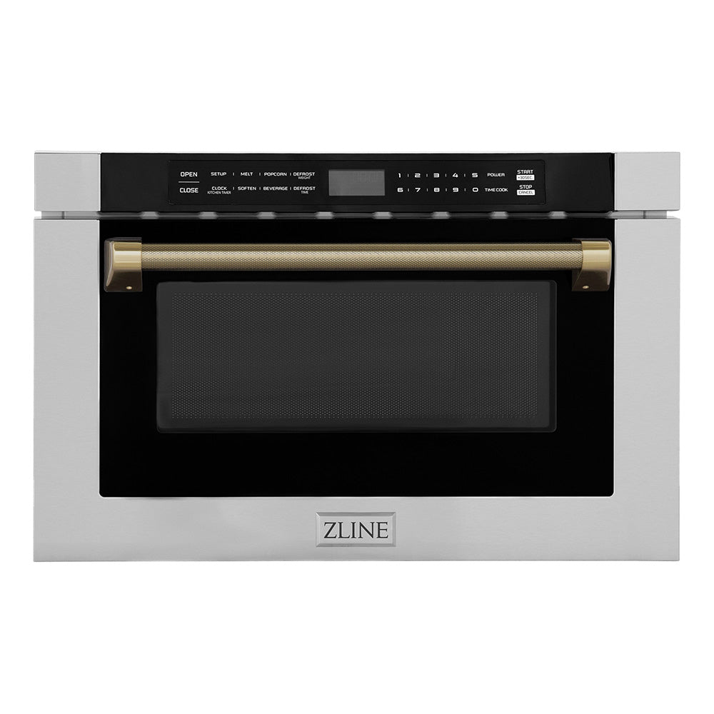 ZLINE Autograph Edition 24 in. 1.2 cu. ft. Built-in Microwave Drawer in Stainless Steel and Champagne Bronze Helix Handle (MWDZ-1-H-KCB)