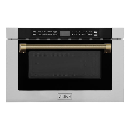 ZLINE Autograph Edition 24 in. 1.2 cu. ft. Built-in Microwave Drawer in Stainless Steel and Champagne Bronze Helix Handle (MWDZ-1-H-KCB)