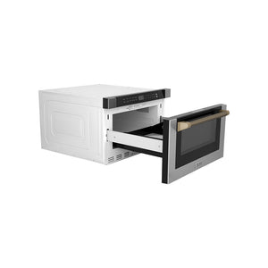 ZLINE Autograph Edition 24 in. 1.2 cu. ft. Built-in Microwave Drawer in Stainless Steel and Champagne Bronze Helix Handle (MWDZ-1-H-KCB) side, open.
