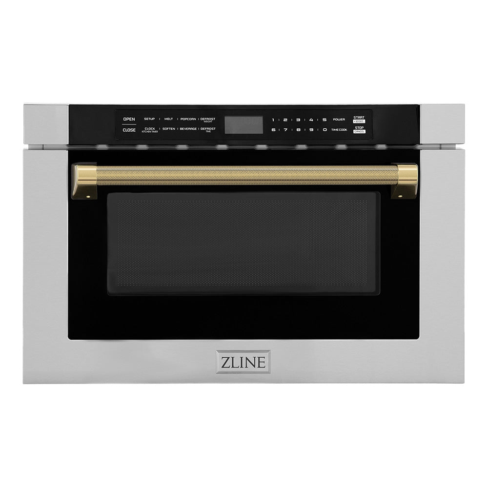 ZLINE Autograph Edition 24 in. 1.2 cu. ft. Built-in Microwave Drawer in Stainless Steel and Polished Gold Helix Handle (MWDZ-1-H-KG)