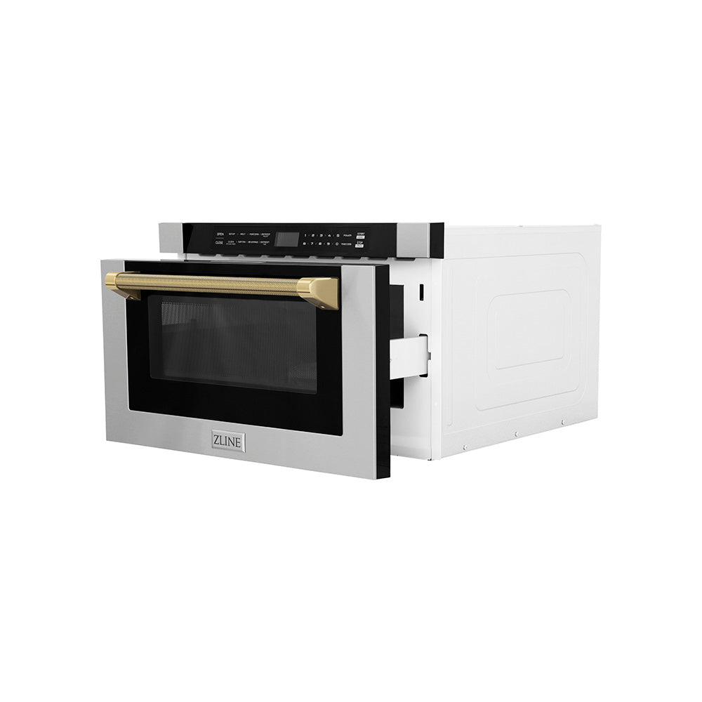 ZLINE Autograph Edition 24 in. 1.2 cu. ft. Built-in Microwave Drawer in Stainless Steel and Polished Gold Helix Handle (MWDZ-1-H-KG) side, open.
