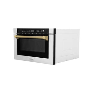 ZLINE Autograph Edition 24 in. 1.2 cu. ft. Built-in Microwave Drawer in Stainless Steel and Polished Gold Helix Handle (MWDZ-1-H-KG) side.
