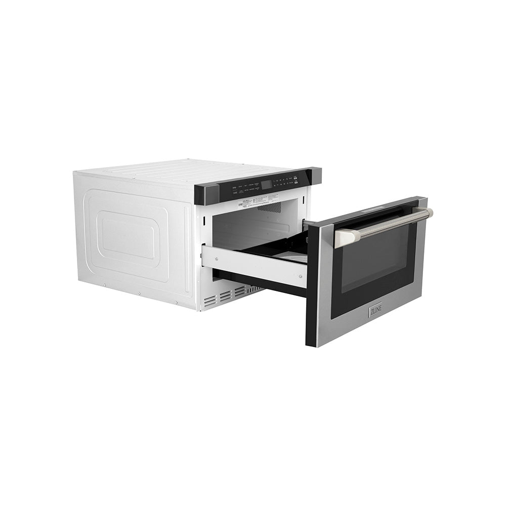 ZLINE Autograph Edition 24 in. 1.2 cu. ft. Built-in Microwave Drawer in Stainless Steel and Polished Nickel Helix Handle (MWDZ-1-H-KPN) side, open.