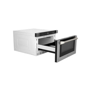 ZLINE Autograph Edition 24 in. 1.2 cu. ft. Built-in Microwave Drawer in Stainless Steel and Polished Nickel Helix Handle (MWDZ-1-H-KPN) side, open.