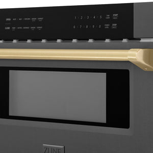 ZLINE Autograph Edition 30 in. 1.2 cu. ft. Built-in Microwave Drawer in Black Stainless Steel and Champagne Bronze Accents (MWDZ-30-BS-CB) handle and display