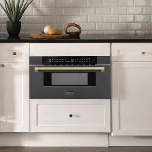 Modern farmhouse kitchen with a ZLINE Autograph Edition 30 in. 1.2 cu. ft. Built-in Microwave Drawer in Black Stainless Steel and Champagne Bronze Accents (MWDZ-30-BS-CB) and white cabinets.