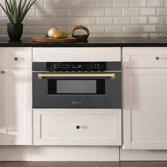 Modern farmhouse kitchen with a ZLINE Autograph Edition 30 in. 1.2 cu. ft. Built-in Microwave Drawer in Black Stainless Steel and Champagne Bronze Accents (MWDZ-30-BS-CB) and white cabinets.