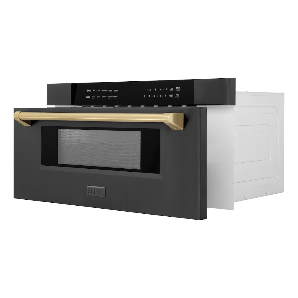 ZLINE Autograph Edition 30 in. 1.2 cu. ft. Built-in Microwave Drawer in Black Stainless Steel and Champagne Bronze Accents (MWDZ-30-BS-CB) side, open.