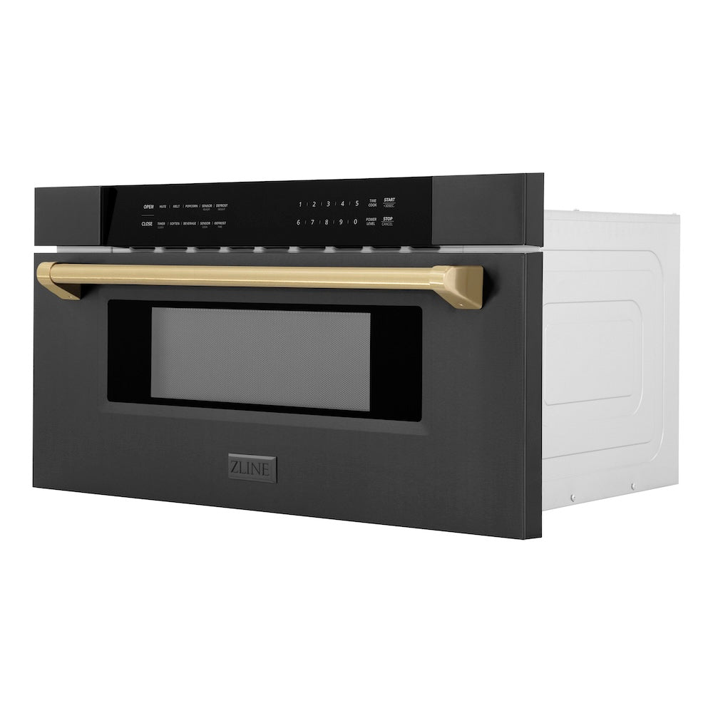 ZLINE Autograph Edition 30 in. 1.2 cu. ft. Built-in Microwave Drawer in Black Stainless Steel and Champagne Bronze Accents (MWDZ-30-BS-CB) side, closed.