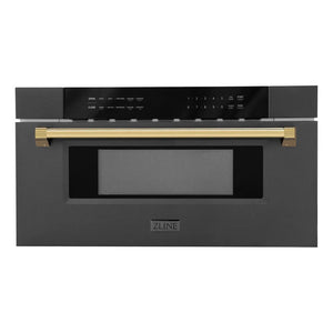 ZLINE Autograph Edition 30 in. 1.2 cu. ft. Built-in Microwave Drawer in Black Stainless Steel with Polished Gold Accents (MWDZ-30-BS-G) main image.