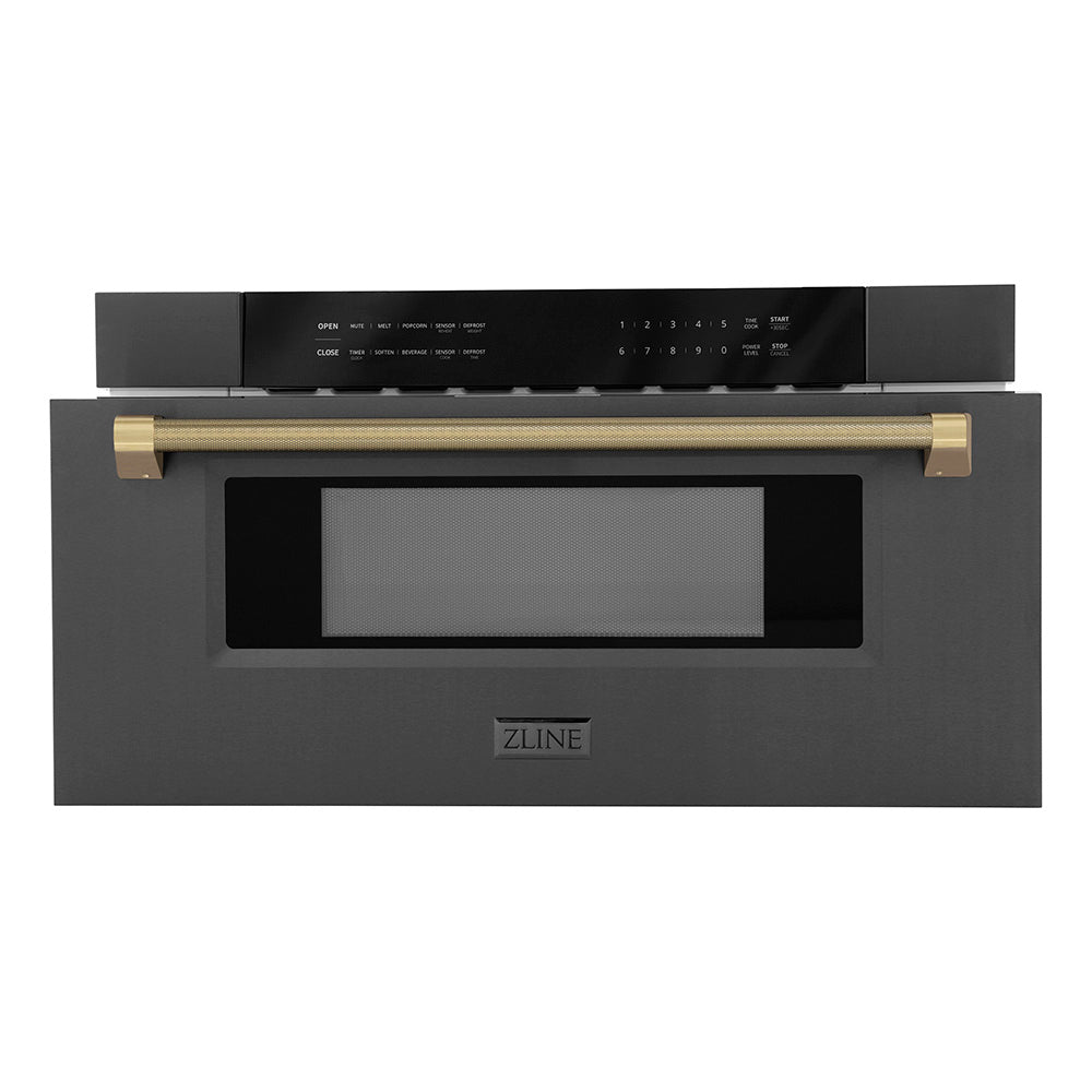 ZLINE Autograph Edition 30 in. 1.2 cu. ft. Built-in Microwave Drawer in Black Stainless Steel and Champagne Bronze Helix Handle (MWDZ-30-BS-KCB) front, open.