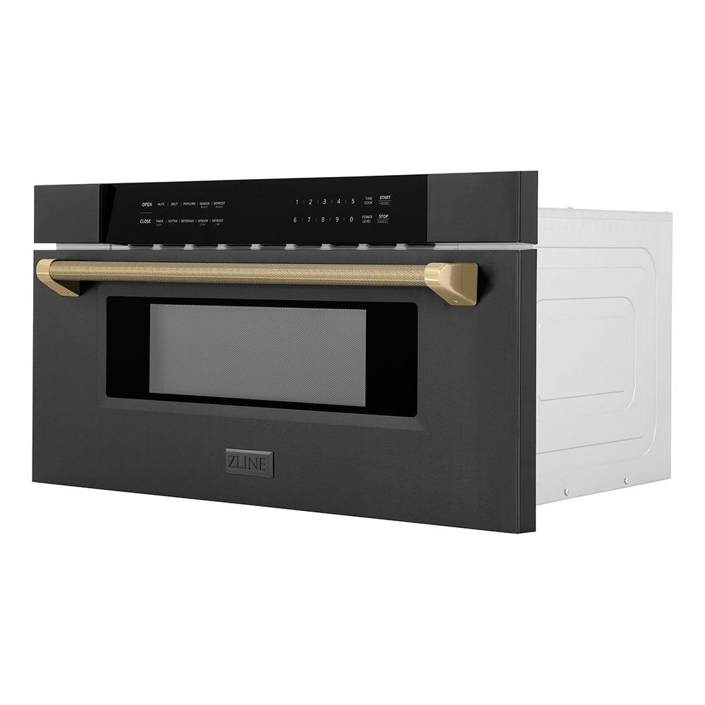 ZLINE Autograph Edition 30 in. 1.2 cu. ft. Built-in Microwave Drawer in Black Stainless Steel and Champagne Bronze Helix Handle (MWDZ-30-BS-KCB) side.
