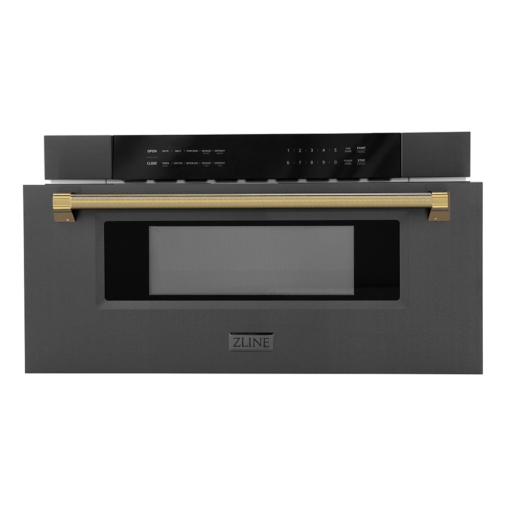ZLINE Autograph Edition 30 in. 1.2 cu. ft. Built-in Microwave Drawer in Black Stainless Steel and Polished Gold Helix Handle (MWDZ-30-BS-KG) front, open.