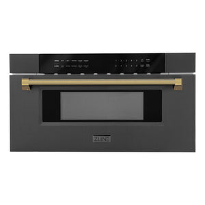 ZLINE Autograph Edition 30 in. 1.2 cu. ft. Built-in Microwave Drawer in Black Stainless Steel and Polished Gold Helix Handle (MWDZ-30-BS-KG)