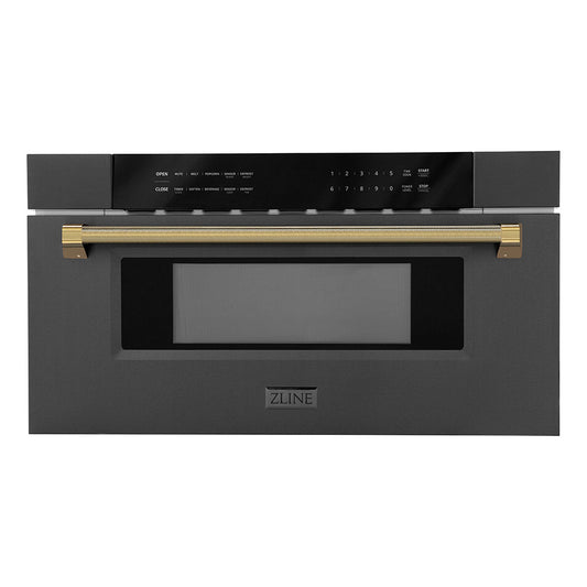 ZLINE Autograph Edition 30 in. 1.2 cu. ft. Built-in Microwave Drawer in Black Stainless Steel and Polished Gold Helix Handle (MWDZ-30-BS-KG)