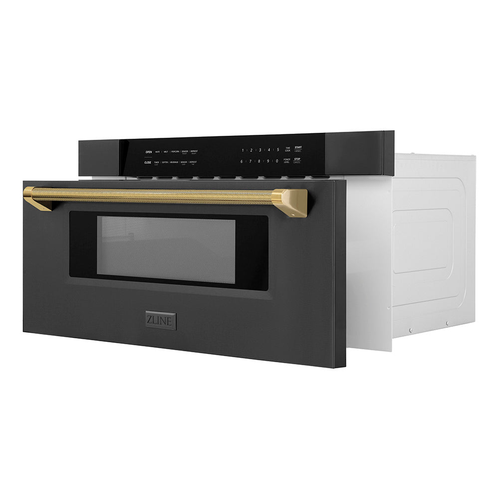 ZLINE Autograph Edition 30 in. 1.2 cu. ft. Built-in Microwave Drawer in Black Stainless Steel and Polished Gold Helix Handle (MWDZ-30-BS-KG) side, open.