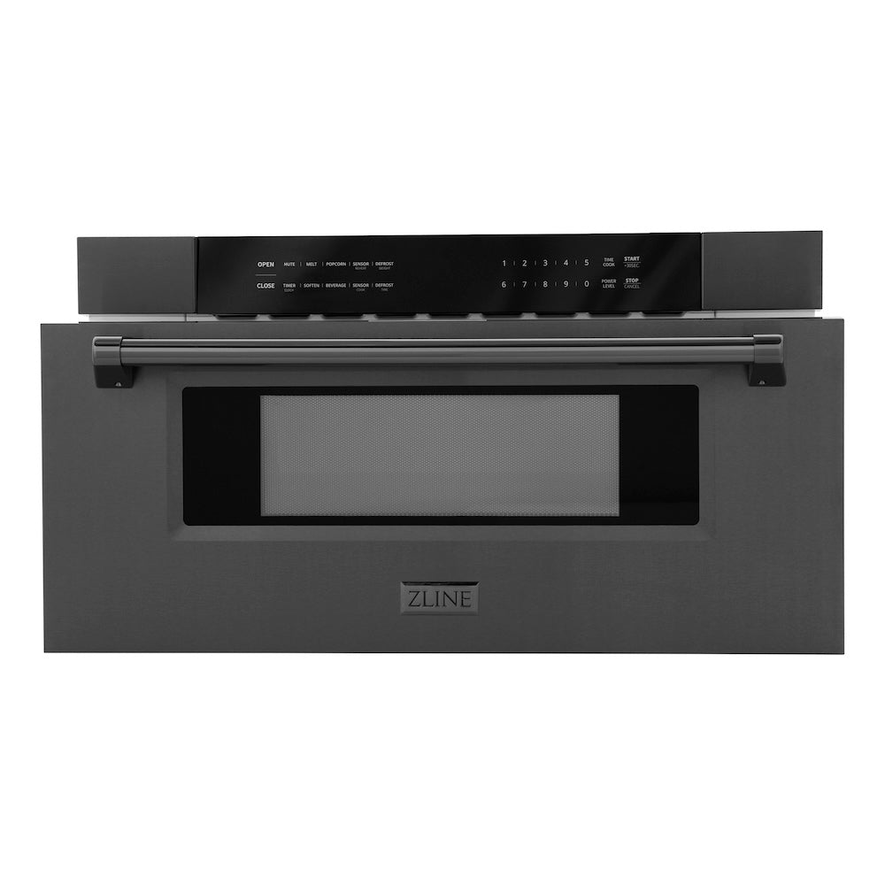 ZLINE 30 in. 1.2 cu. ft. Built-in Microwave Drawer in Black Stainless Steel (MWD-30-BS) front, open.