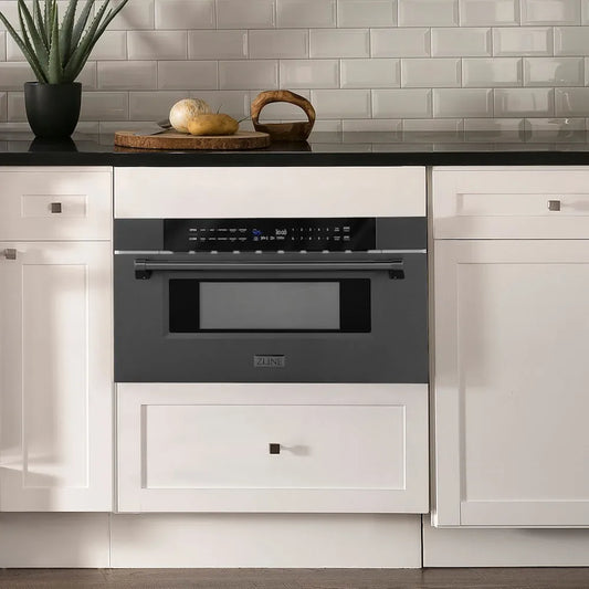 Modern farmhouse kitchen with a ZLINE 30 in. 1.2 cu. ft. Built-in Microwave Drawer in Black Stainless Steel (MWD-30-BS) and white cabinets.