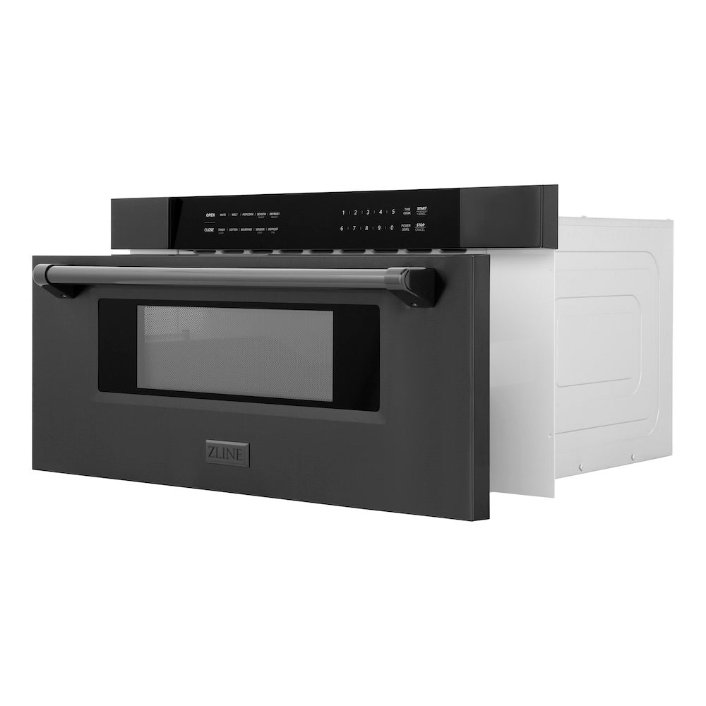 ZLINE 30 in. 1.2 cu. ft. Built-in Microwave Drawer in Black Stainless Steel (MWD-30-BS) side, open.