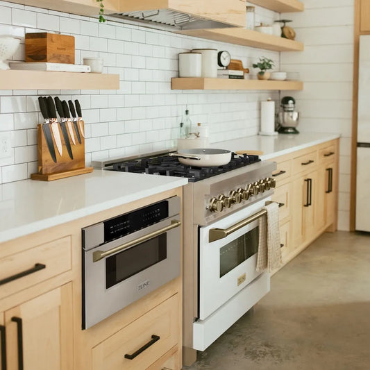 Cottage-style kitchen with ZLINE Autograph Edition 30 in. 1.2 cu. ft. Built-In Microwave Drawer in Stainless Steel with Champagne Bronze Accents (MWDZ-30-CB) and wooden cabinets