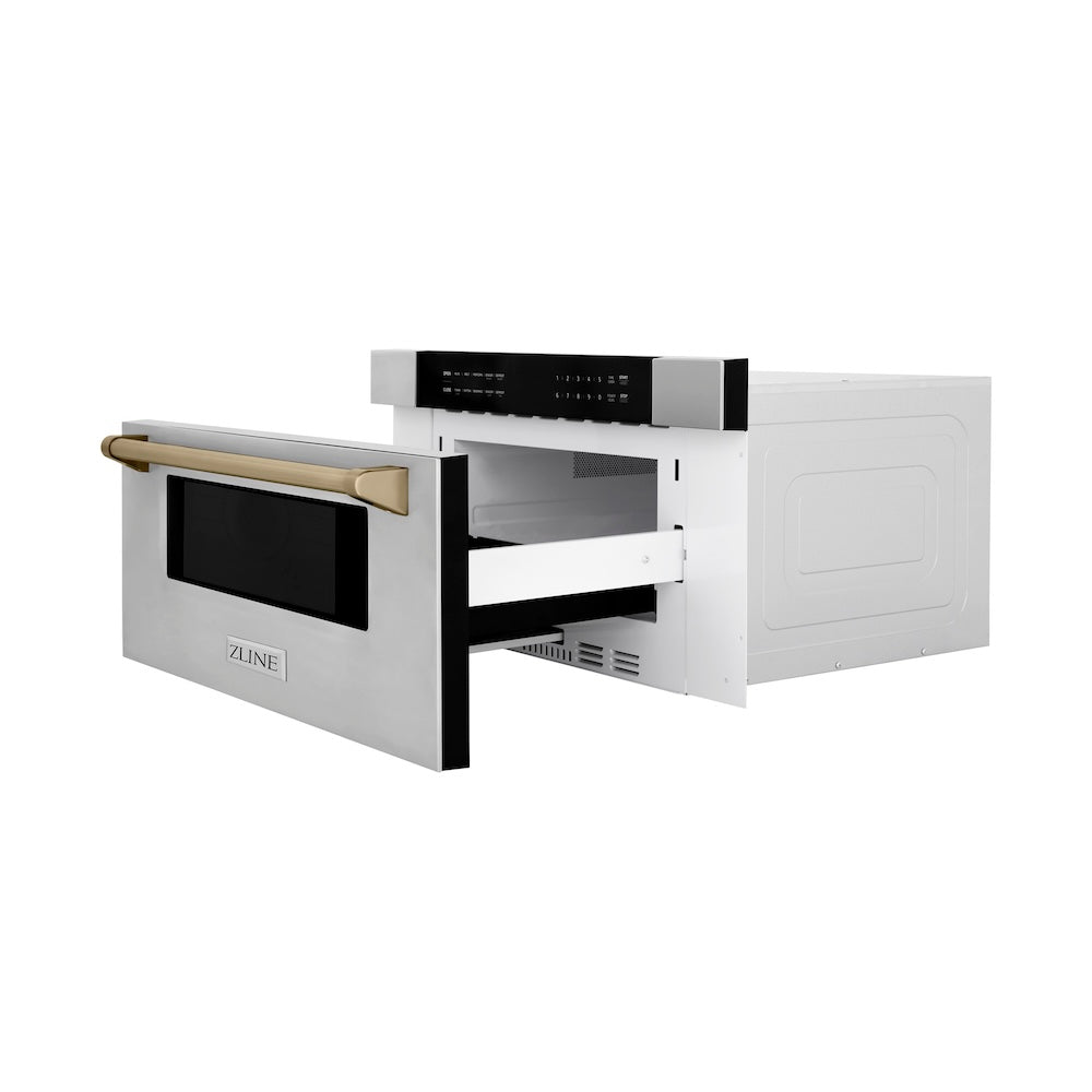 ZLINE Autograph Edition 30 in. 1.2 cu. ft. Built-In Microwave Drawer in Stainless Steel with Champagne Bronze Accents (MWDZ-30-CB) side, open.