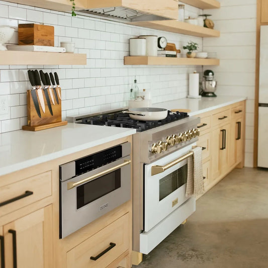 Rustic kitchen with ZLINE Autograph Edition 30 in. 1.2 cu. ft. Built-In Microwave Drawer in Stainless Steel with Polished Gold Accents (MWDZ-30-G), wooden cabinets, and white tiled walls.