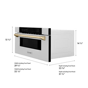 ZLINE Autograph Edition 30 in. 1.2 cu. ft. Built-In Microwave Drawer in Stainless Steel with Polished Gold Accents (MWDZ-30-G) dimensional diagram.