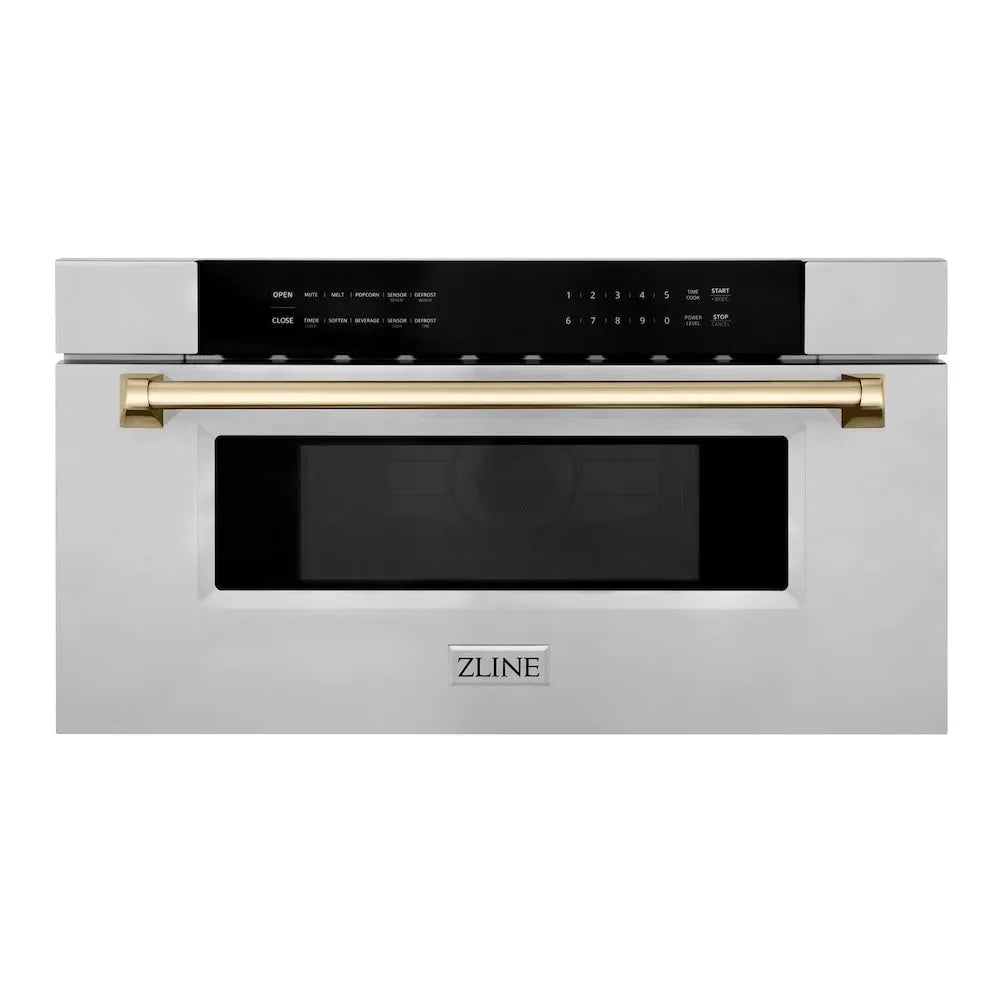 ZLINE Autograph Edition 30 in. 1.2 cu. ft. Built-In Microwave Drawer in Stainless Steel with Polished Gold Accents (MWDZ-30-G) main image.