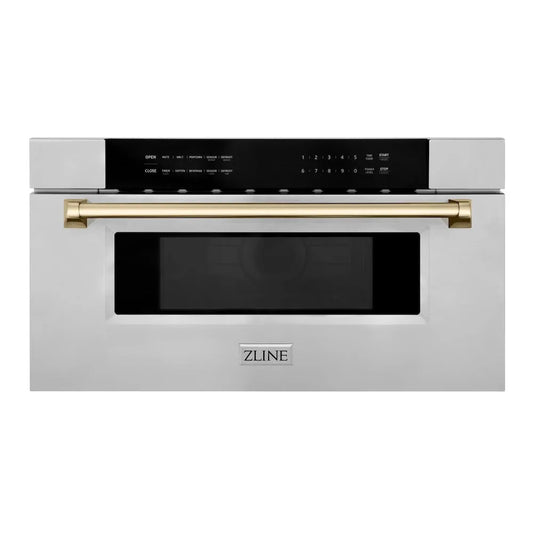 ZLINE Autograph Edition 30 in. 1.2 cu. ft. Built-In Microwave Drawer in Stainless Steel with Polished Gold Accents (MWDZ-30-G) main image.