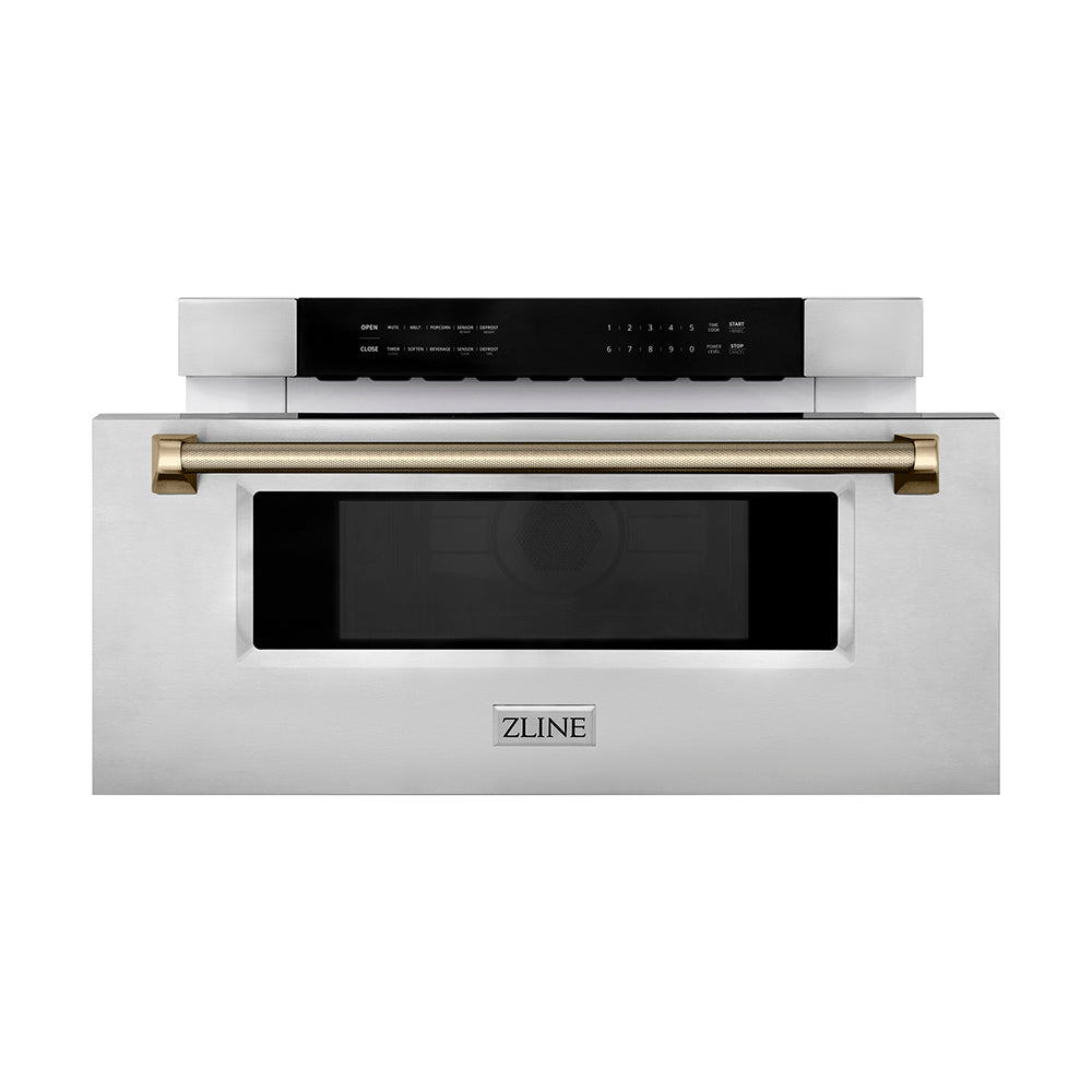 ZLINE Autograph Edition 30 in. 1.2 cu. ft. Built-in Microwave Drawer in Stainless Steel and Champagne Bronze Helix Handle (MWDZ-30-KCB) front, open.