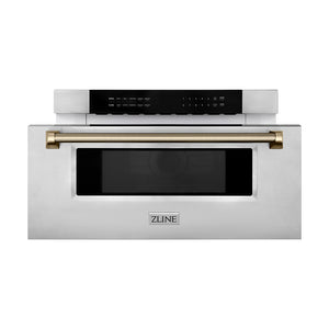 ZLINE Autograph Edition 30 in. 1.2 cu. ft. Built-in Microwave Drawer in Stainless Steel and Champagne Bronze Helix Handle (MWDZ-30-KCB) front, open.