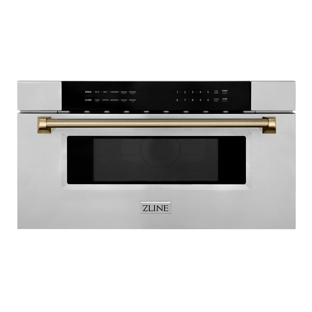 ZLINE Autograph Edition 30 in. 1.2 cu. ft. Built-in Microwave Drawer in Stainless Steel and Champagne Bronze Helix Handle (MWDZ-30-KCB)