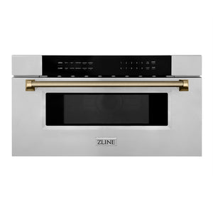 ZLINE Autograph Edition 30 in. 1.2 cu. ft. Built-in Microwave Drawer in Stainless Steel and Champagne Bronze Helix Handle (MWDZ-30-KCB)