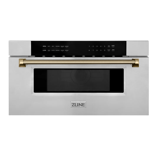 ZLINE Autograph Edition 30 in. 1.2 cu. ft. Built-in Microwave Drawer in Stainless Steel and Champagne Bronze Helix Handle (MWDZ-30-KCB)