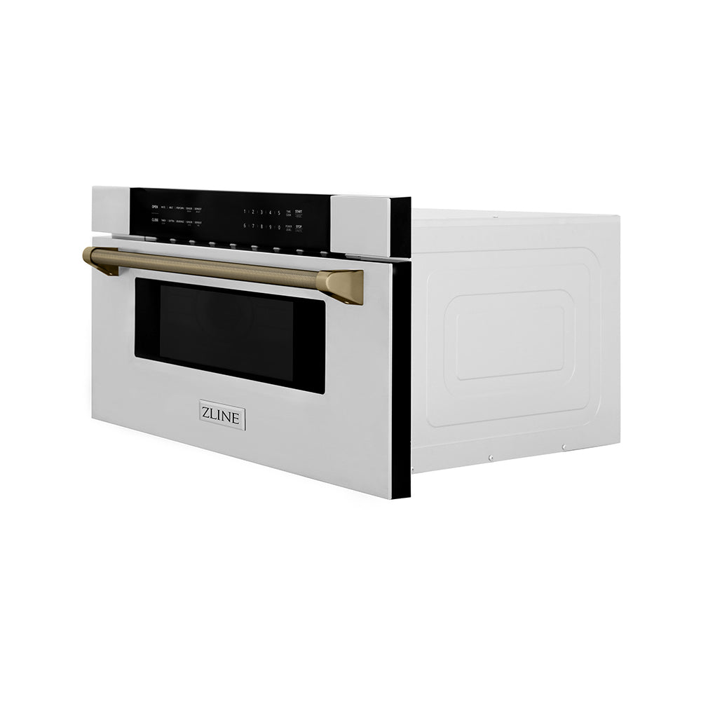 ZLINE Autograph Edition 30 in. 1.2 cu. ft. Built-in Microwave Drawer in Stainless Steel and Champagne Bronze Helix Handle (MWDZ-30-KCB) side.