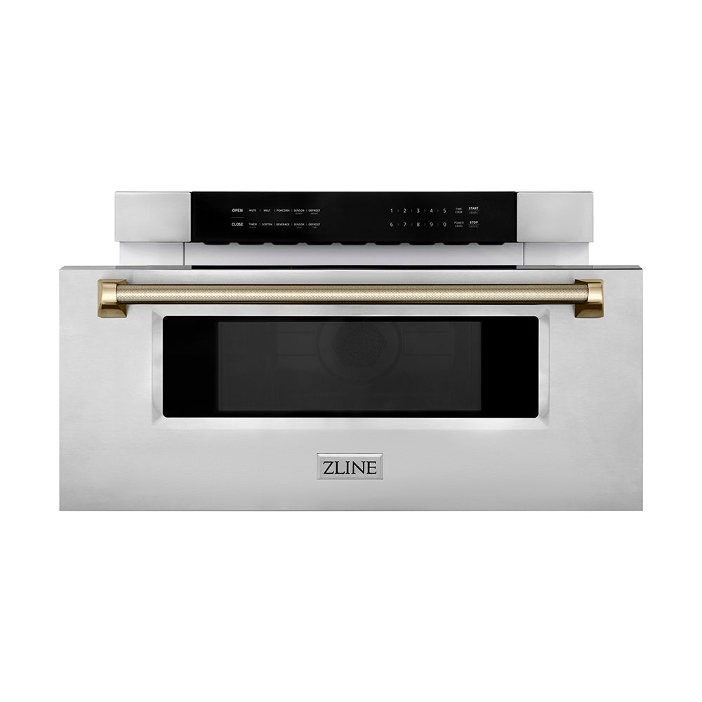 ZLINE Autograph Edition 30 in. 1.2 cu. ft. Built-in Microwave Drawer in Stainless Steel and Polished Gold Helix Handle (MWDZ-30-KG) front, open.