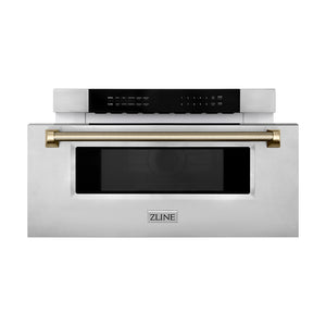 ZLINE Autograph Edition 30 in. 1.2 cu. ft. Built-in Microwave Drawer in Stainless Steel and Polished Gold Helix Handle (MWDZ-30-KG) front, open.