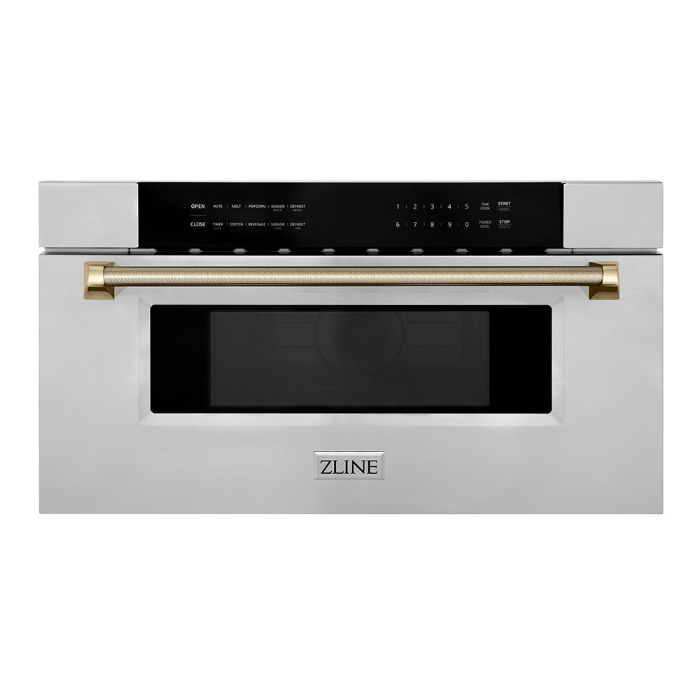 ZLINE Autograph Edition 30 in. 1.2 cu. ft. Built-in Microwave Drawer in Stainless Steel and Polished Gold Helix Handle (MWDZ-30-KG)