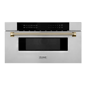ZLINE Autograph Edition 30 in. 1.2 cu. ft. Built-in Microwave Drawer in Stainless Steel and Polished Gold Helix Handle (MWDZ-30-KG)