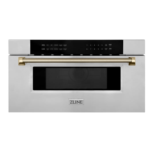 ZLINE Autograph Edition 30 in. 1.2 cu. ft. Built-in Microwave Drawer in Stainless Steel and Polished Gold Helix Handle (MWDZ-30-KG)