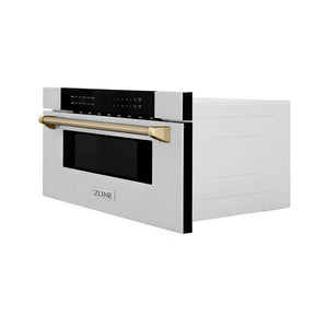 ZLINE Autograph Edition 30 in. 1.2 cu. ft. Built-in Microwave Drawer in Stainless Steel and Polished Gold Helix Handle (MWDZ-30-KG) side.