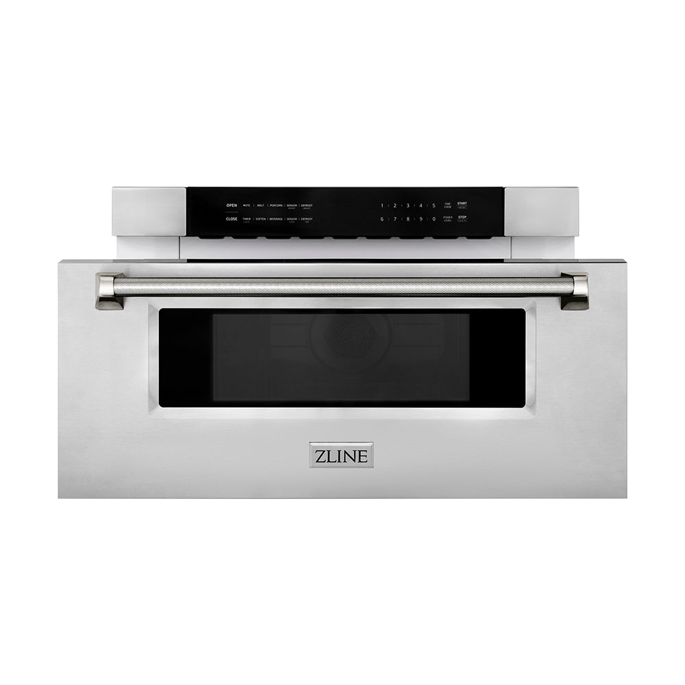 ZLINE Autograph Edition 30 in. 1.2 cu. ft. Built-in Microwave Drawer in Stainless Steel and Polished Nickel Helix Handle (MWDZ-30-KPN) front, open.